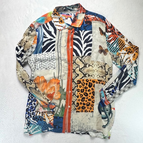 Vilagallo Tops - Vilagallo Patchwork Animal Print Butterfly Map Button Down Shirt Multicolor 44